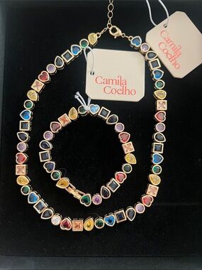 NWT Camila Coelho Gold-Plated Multicolor Gemstone Necklace & Bracelet Set 💜🩷💙